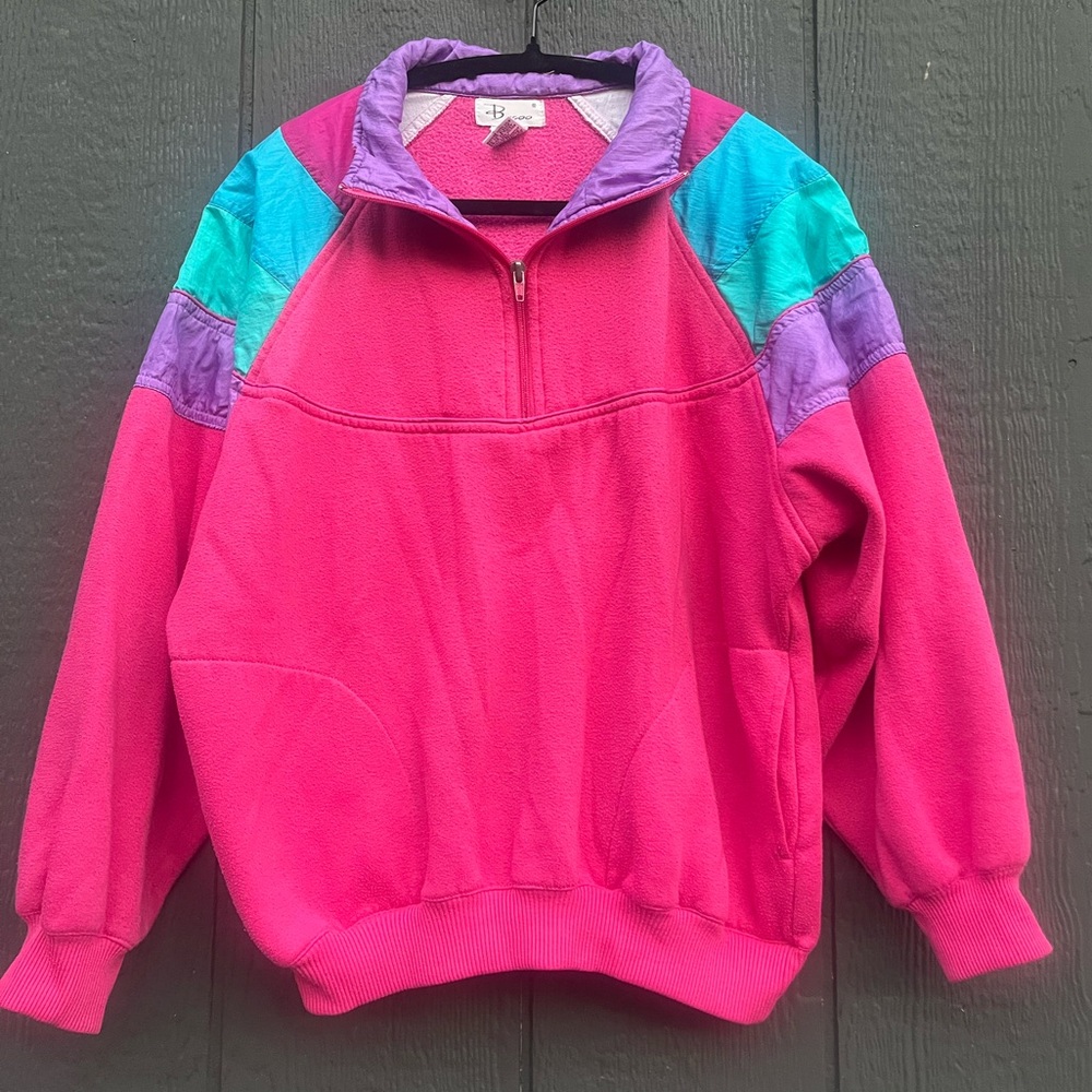 🎀 Vintage 80s/90s Colorblock Fleece Pullover – Hot Pink, Teal & Purple